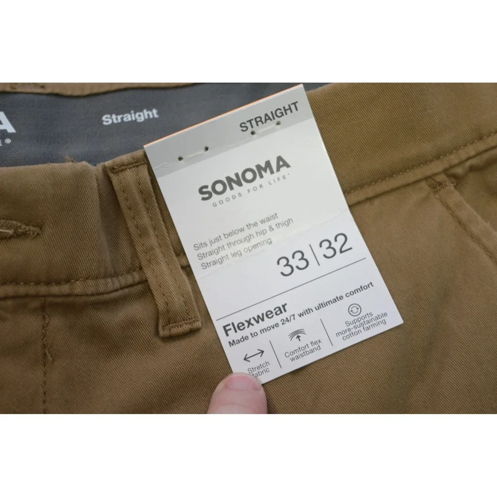 Sonoma Flexwear Pants Mens 33x32 Khaki Brown Straight Leg Chino‎ New NWT